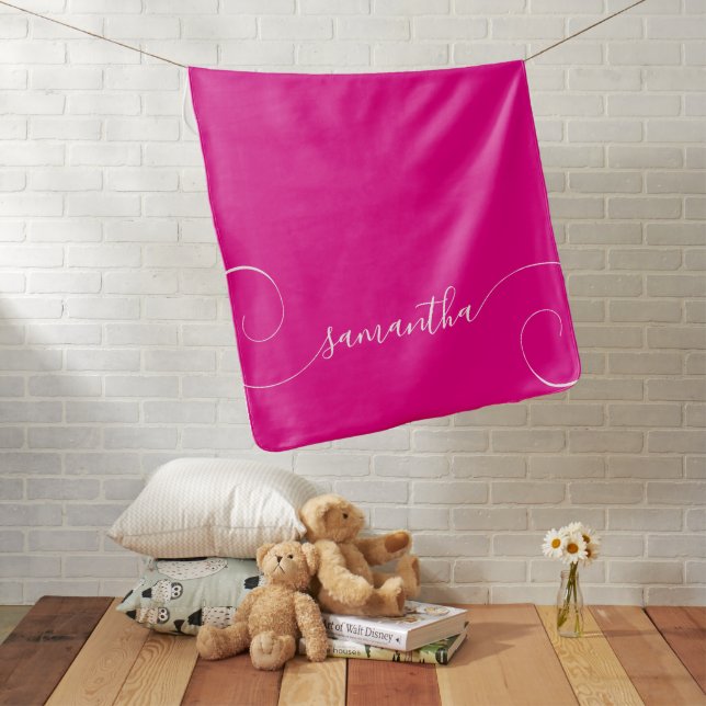 Hot Pink and White Curly Signature Name Baby Blanket (In Situ)