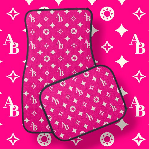 Hot Pink and White Custom Initial Monogram Pattern Car Floor Mat