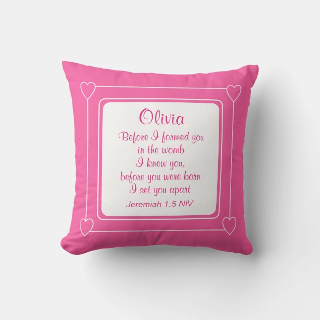 Hot Pink and White Custom Name Bible Verse Striped Throw Pillow (Front)