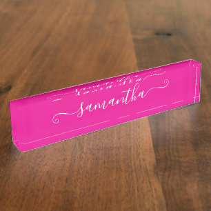 Hot Pink and White Cute Signature Desk Name Plate
