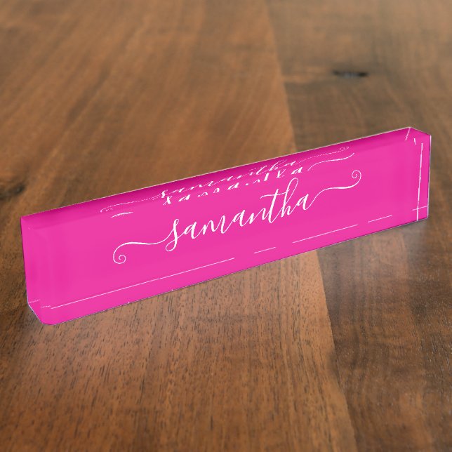 Hot Pink and White Cute Signature Desk Name Plate (Side)
