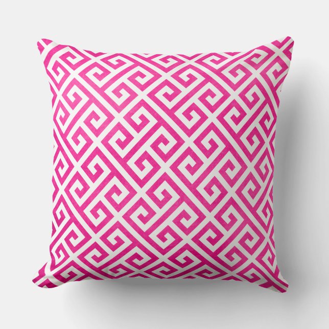 Hot Pink and White Diagonal Greek Key Pattern Throw Pillow (Front)