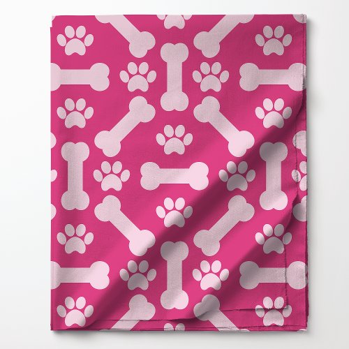 Hot Pink And White Dog Bones Paw Prints Pattern Fabric