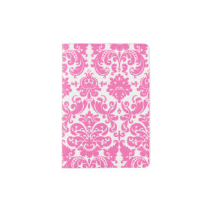 Hot Pink and White Elegant Damask Pattern Passport Holder