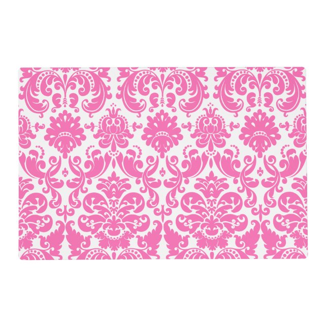 Hot Pink and White Elegant Damask Pattern Placemat (Front)