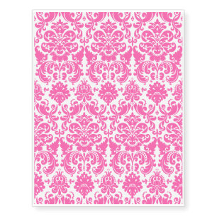 Hot Pink and White Elegant Damask Pattern Temporary Tattoos