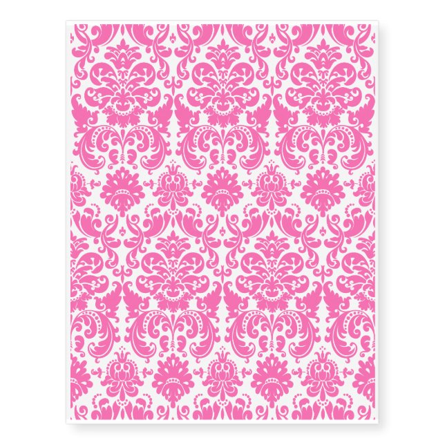 Hot Pink and White Elegant Damask Pattern Temporary Tattoos (Front)