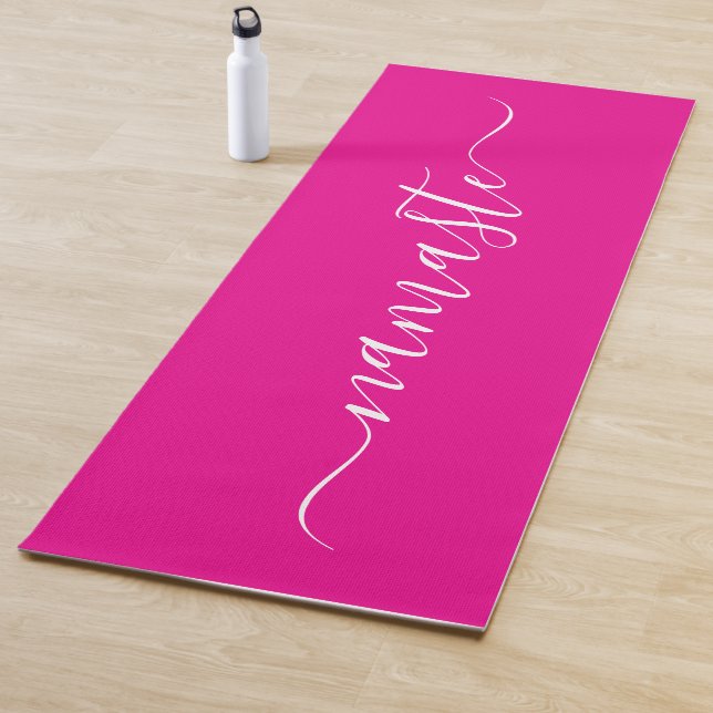 Hot Pink and White Elegant Script Namaste Yoga Mat (In Situ)