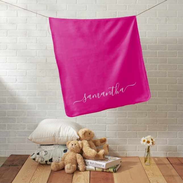 Hot Pink and White Elegant Script Signature Name Baby Blanket (In Situ)