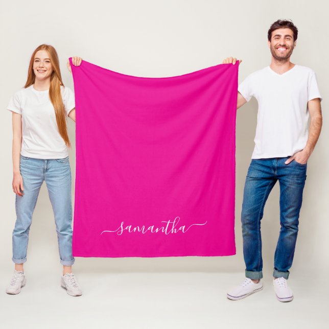 Hot Pink and White Elegant Script Signature Name Fleece Blanket (In Situ)