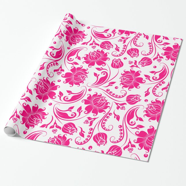 Hot Pink And White Floral Damasks Wrapping Paper (Unrolled)
