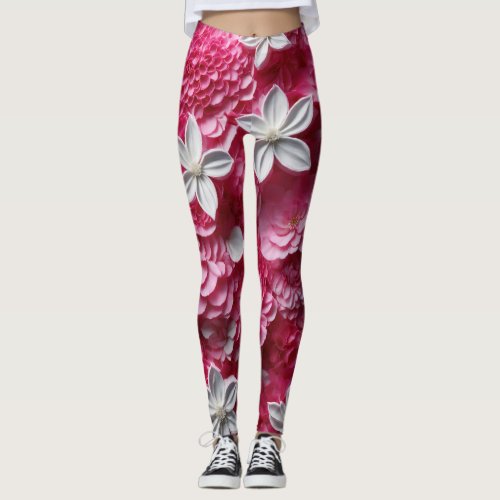 Hot Pink and White Floral Leggings Bold Elegance  Leggings