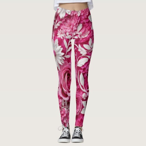 Hot Pink and White Floral Leggings Bold Elegance  Leggings