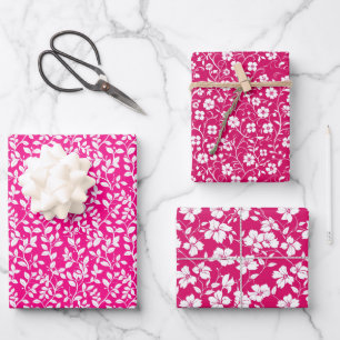 Hot Pink and White Floral Pattern Wrapping Paper Sheets