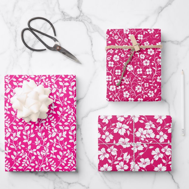 Hot Pink and White Floral Pattern Wrapping Paper Sheets (Front)