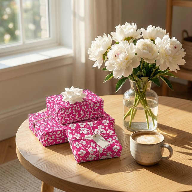 Hot Pink and White Floral Pattern Wrapping Paper Sheets (Creator Uploaded)