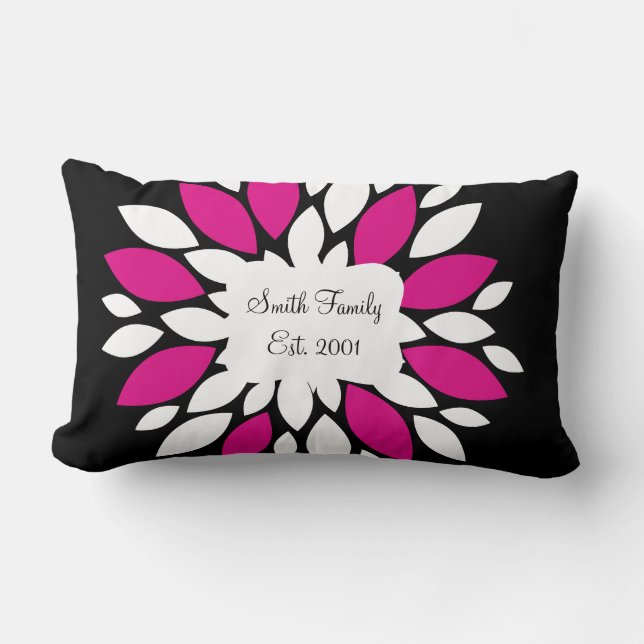Hot Pink and White Flower Petals Art on Black Lumbar Pillow (Front)