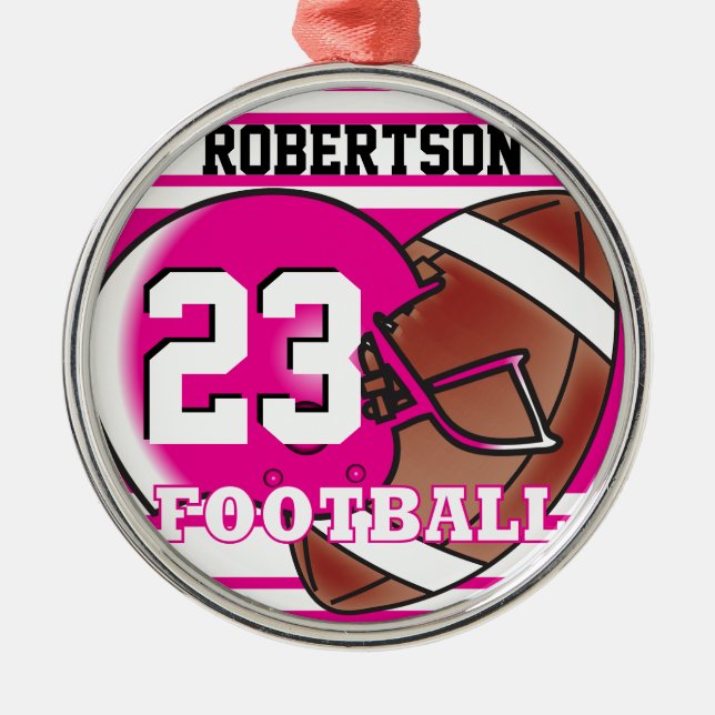 Hot Pink and White Football Metal Ornament (Front)