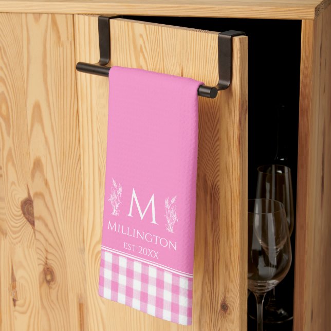 Hot Pink and White Gingham Custom Name Monogram Kitchen Towel (Thirds Fold)