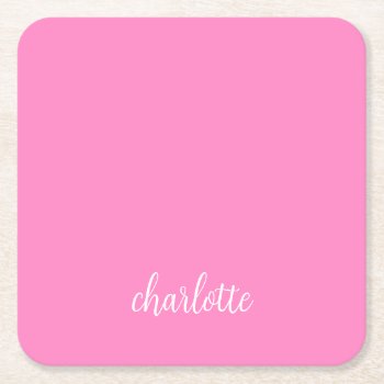 Hot Pink And White Girly Calligraphy Script Square Paper Coaster by pinkgifts4you at Zazzle