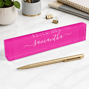 Hot Pink and White Girly Signature Desk Name Plate