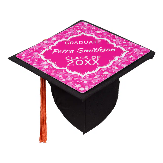 Hot Pink And White Glitter Graduation Cap Topper | Zazzle