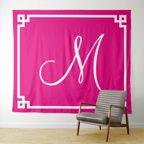 Hot Pink and White Greek Key Border Big Monogram M Tapestry