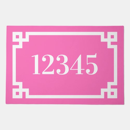 Hot Pink and White Greek Key Border House Number Doormat