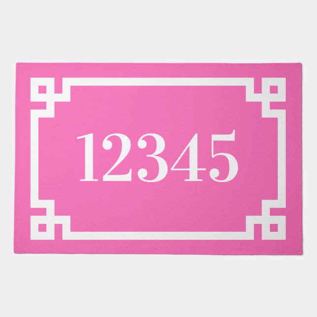 Hot Pink and White Greek Key Border House Number Doormat (Front)
