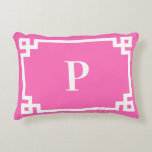 Hot Pink And White Greek Key Border Monogram Accen Accent Pillow at Zazzle
