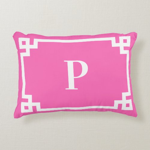 Hot Pink and White Greek Key Border Monogram Accen Accent Pillow