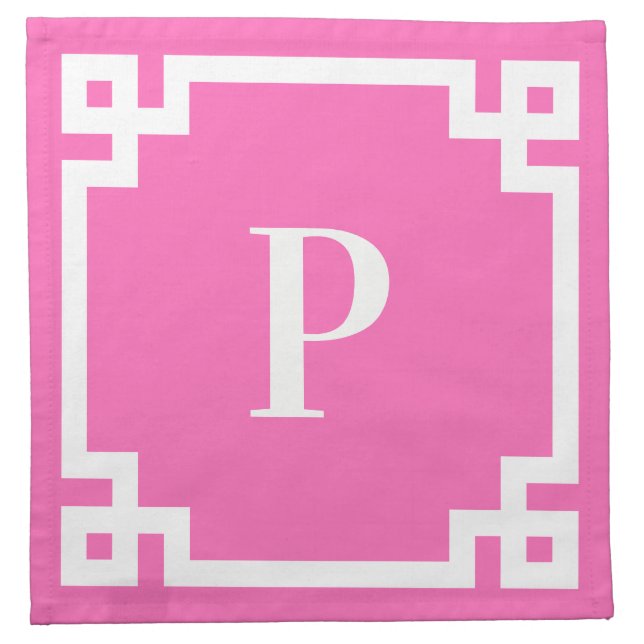 Hot Pink and White Greek Key Border Monogram Cloth Napkin (Front)