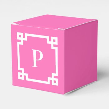 Hot Pink And White Greek Key Border Monogram Favor Boxes by pinkgifts4you at Zazzle