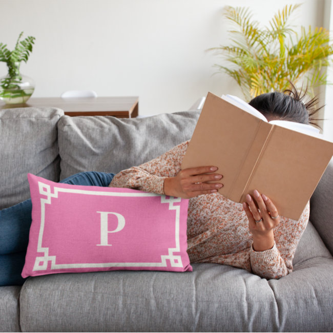 Hot Pink and White Greek Key Border Monogram Lumbar Pillow