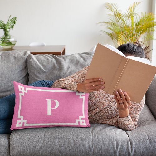 Hot Pink and White Greek Key Border Monogram Lumbar Pillow