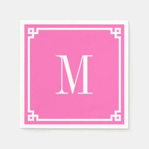 Hot Pink and White Greek Key Border Monogram Napkins
