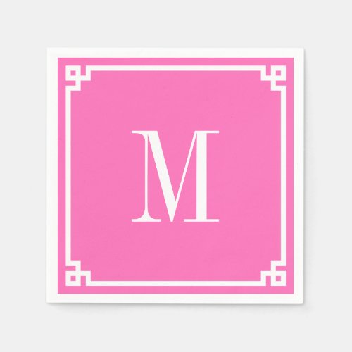 Hot Pink and White Greek Key Border Monogram Napkins