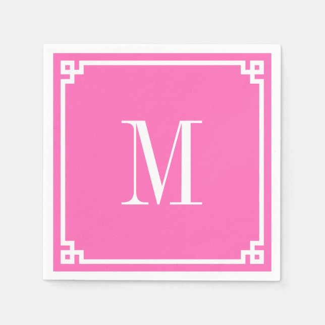 Hot Pink and White Greek Key Border Monogram Napkins (Front)
