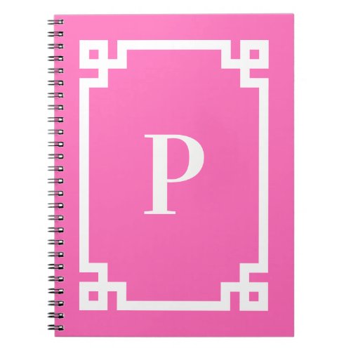 Hot Pink and White Greek Key Border Monogram Notebook