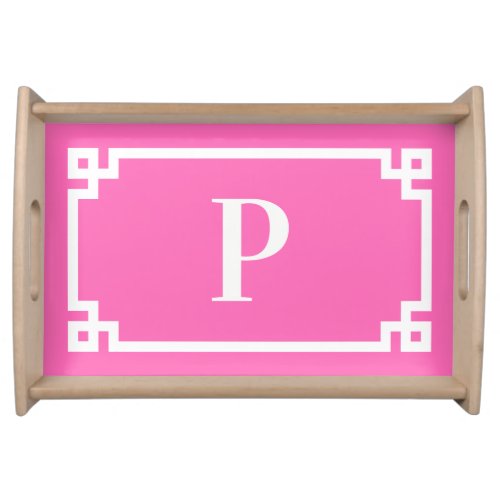 Hot Pink and White Greek Key Border Monogram Serving Tray