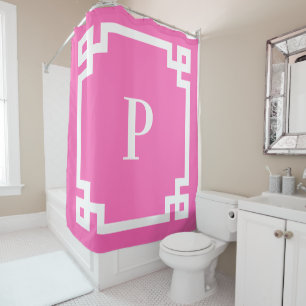 Hot Pink and White Greek Key Border Monogram Shower Curtain