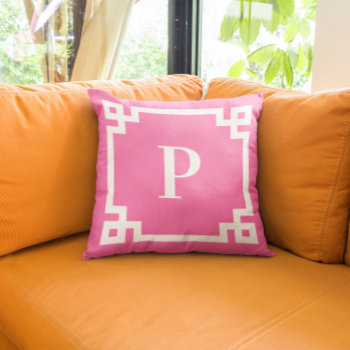 Hot Pink And White Greek Key Border Monogram Throw Pillow by pinkgifts4you at Zazzle
