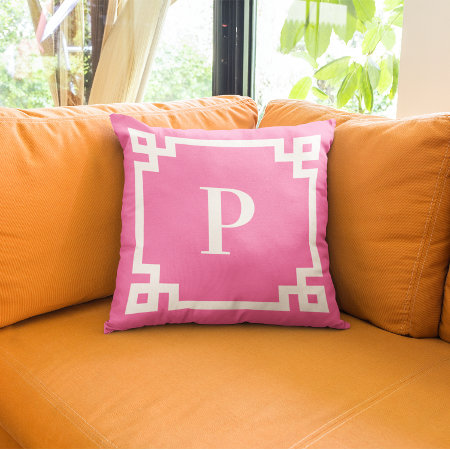 Hot Pink And White Greek Key Border Monogram Throw Pillow