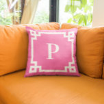 Hot Pink And White Greek Key Border Monogram Throw Pillow at Zazzle
