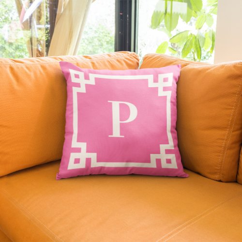 Hot Pink and White Greek Key Border Monogram Throw Pillow