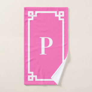 Hot Pink and White Greek Key Border Monogrammed Hand Towel