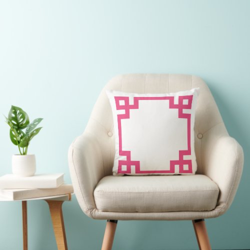 Hot Pink and White Greek Key Border Throw Pillow