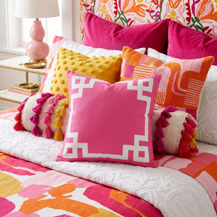 Hot Pink and White Greek Key Border Throw Pillow