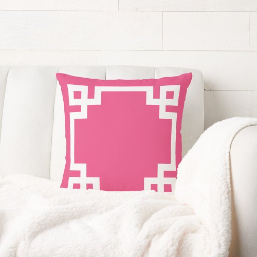 Hot Pink and White Greek Key Border Throw Pillow