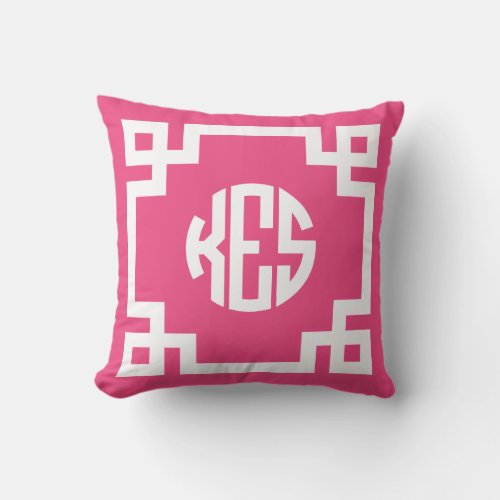 Hot Pink and White Greek Key Circle Monogram Throw Pillow